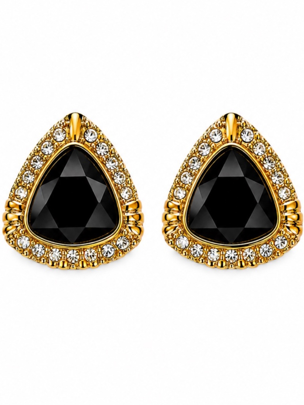 Swarovski Gold Tone Jet Black Crystal Teardrop Clip On Earrings and Rhinestones